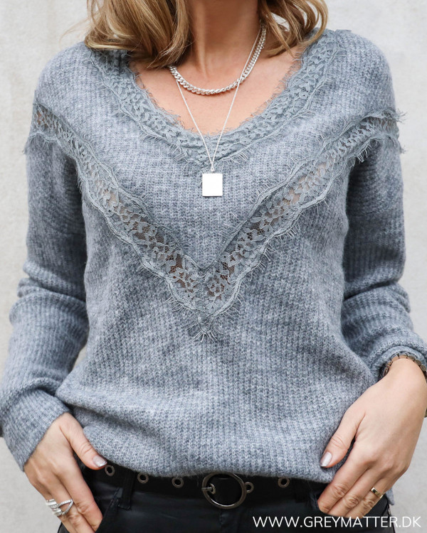 Grey Lace V-Neck Knit